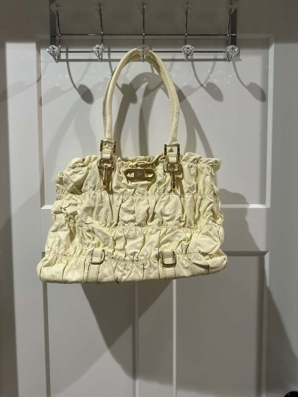 Joy Mangano Designer Ruched Expandable Drop Bag with Wristlet in Ivory